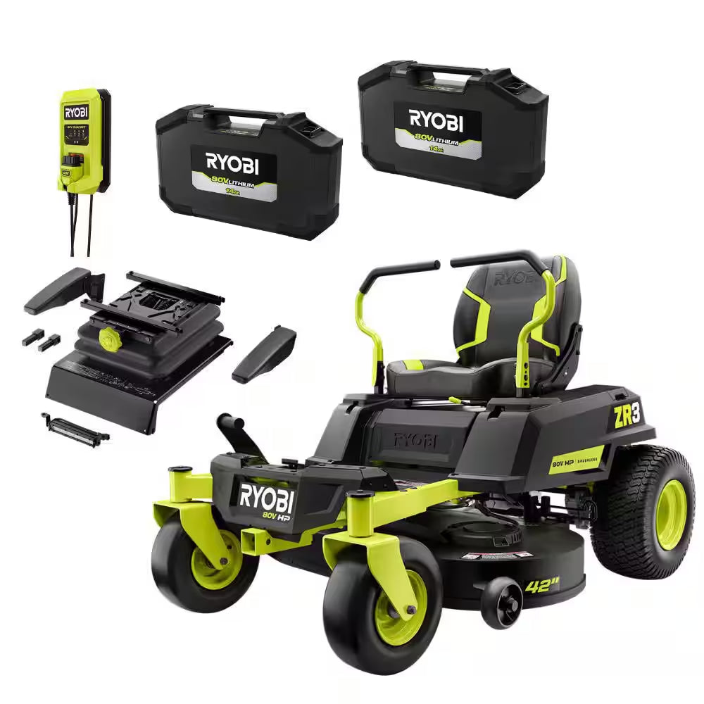 ZR3 80V HP Brushless 42 In. Electric Cordless ZTR Mower W/ Seat Suspension, Armrests, & Headlight-Batteries & Charger